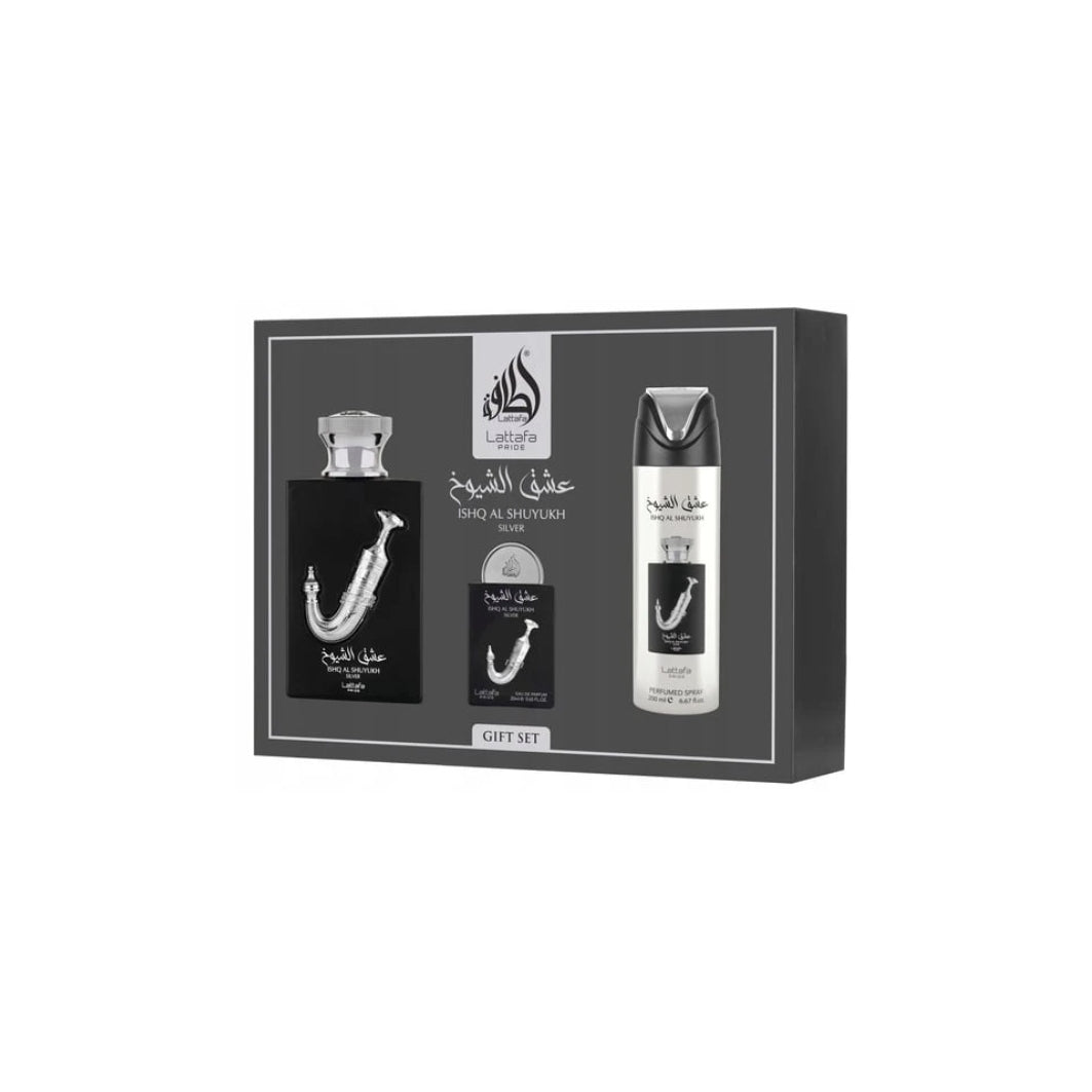 Emotion Beauty Supply LATTAFA ISHQ AL SHUYUKH SILVER SET 3PCS 3.4OZ