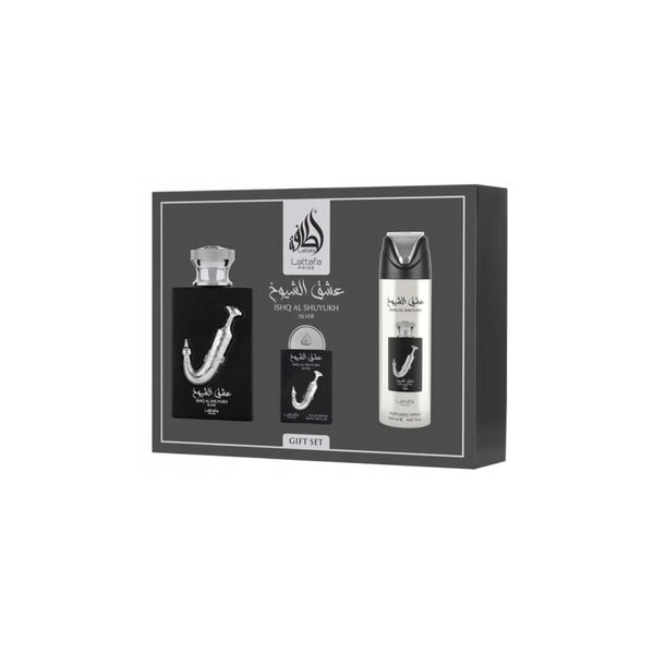 Emotion Beauty Supply LATTAFA ISHQ AL SHUYUKH SILVER SET 3PCS 3.4OZ