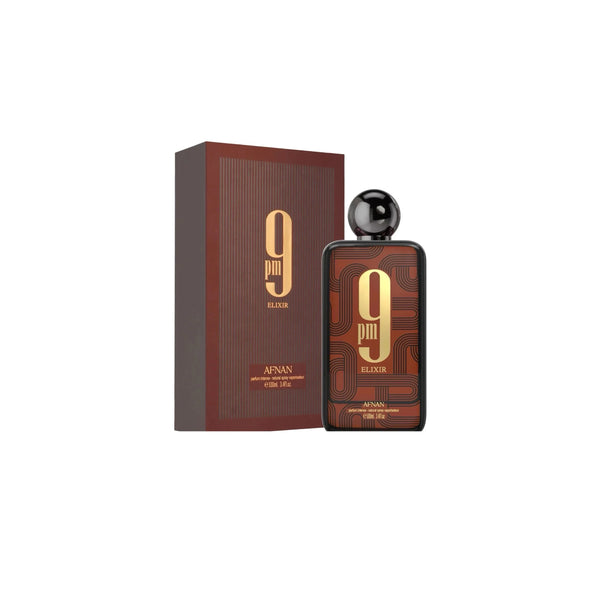 Botella de perfume rectangular de bordes redondeados con marco negro "9 PM Elixir" de Afnan de 100 ml, con un diseño gráfico frontal de líneas curvas en tono marrón rojizo terracota, un gran "9 pm" en color beis/crema y un tapón esférico metálico negro, junto a su caja rectangular a juego en tono marrón terracota con textura de líneas verticales y el logotipo "9 pm ELIXIR" en relieve.