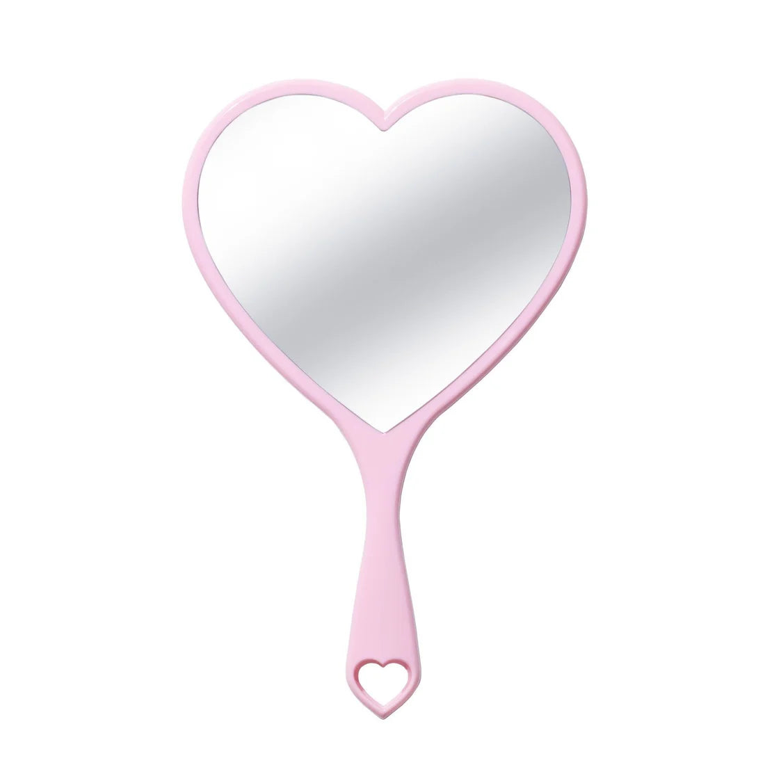 Un espejo de mano en forma de corazón con marco y mango de color rosa claro, con un pequeño recorte de corazón en el extremo, mostrado sobre un fondo blanco limpio.
