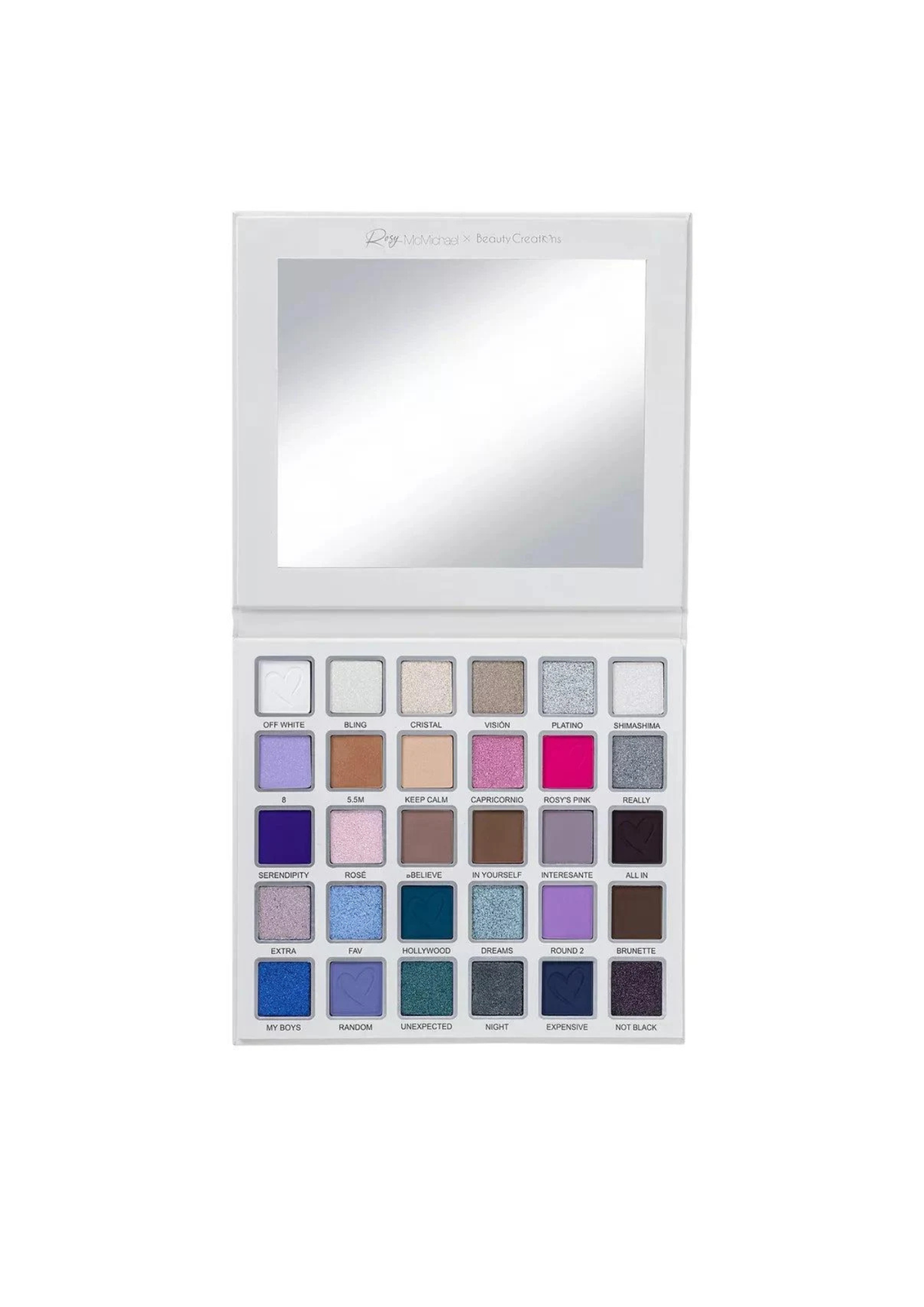 Un estuche de maquillaje cuadrado con espejo en la mitad superior y múltiples compartimientos de color en la mitad inferior, mostrado sobre un fondo blanco limpio. El estuche es predominantemente blanco con muchas sombras de diferentes tonos en rosa, púrpura, azul, marrón, beige y metálicos, por lo que la identidad de color del producto se describe mejor como multicolor.