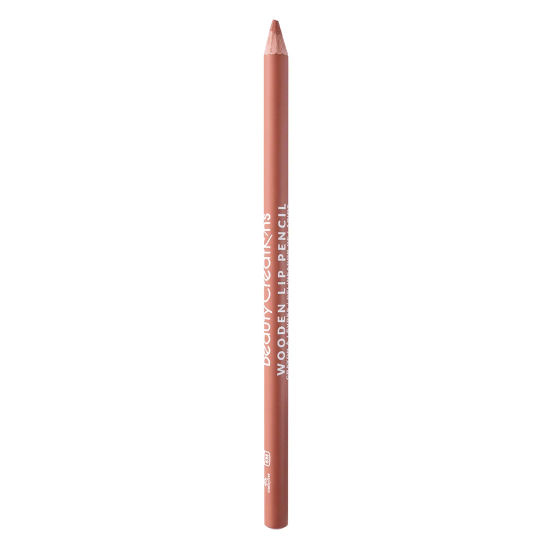 Lápiz de labios de madera de Beauty Creations en color durazno (peach), con el nombre de la marca impreso en el cuerpo, mostrado verticalmente sobre un fondo blanco limpio.