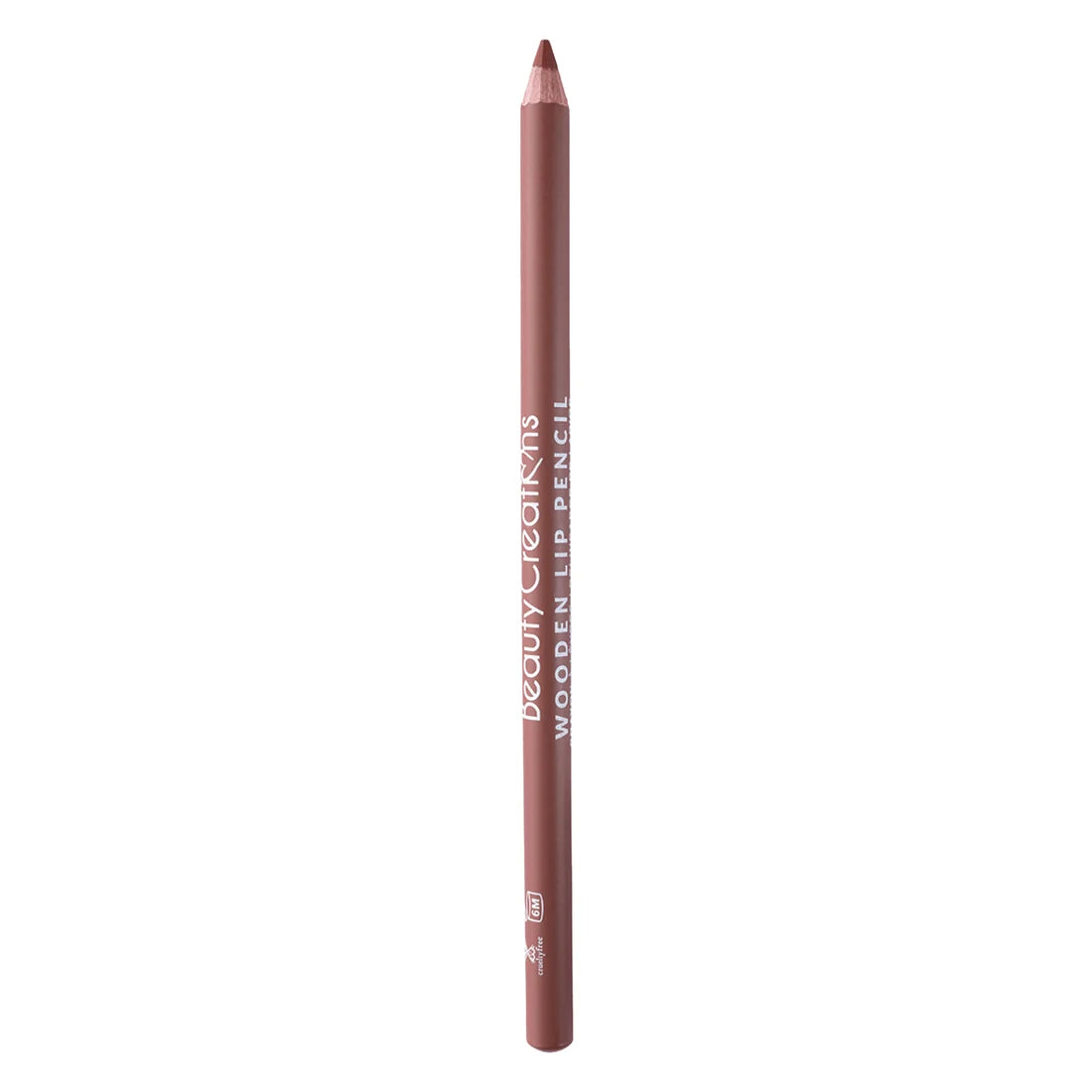 Lápiz de labios de madera de Beauty Creations en color rosa marrón, con el nombre de la marca impreso en el cuerpo, mostrado verticalmente sobre un fondo blanco limpio.