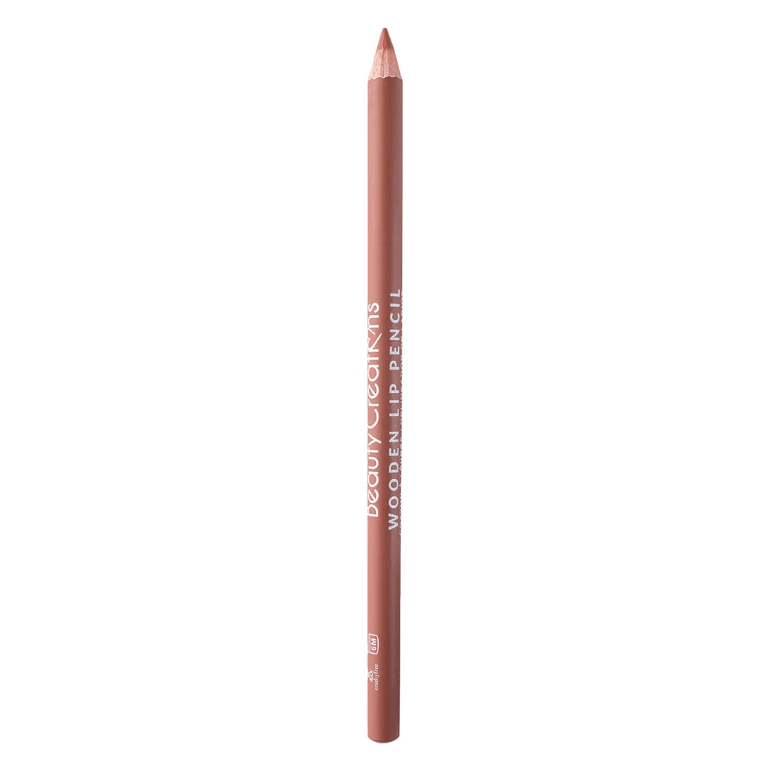 Lápiz de labios de madera de Beauty Creations en color coral, con el nombre de la marca impreso en el cuerpo, mostrado verticalmente sobre un fondo blanco limpio.