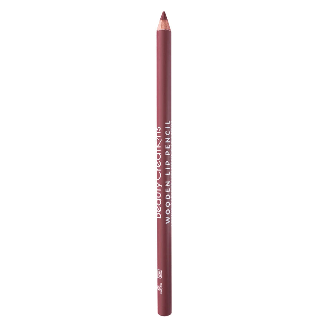 Lápiz de labios de madera de Beauty Creations en color rosa oscuro, con el nombre de la marca impreso en el cuerpo, mostrado verticalmente sobre un fondo blanco limpio.