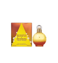 Frasco de perfume y caja de empaque de Britney Spears Blissful Fantasy Eau de Toilette de 100 ml (3.3 fl oz) sobre fondo blanco. A la izquierda, una caja cuadrada metálica en tonos anaranjados y cálidos con un triángulo amarillo brillante rodeado de pequeñas flores blancas, que incluye el nombre "BLISSFUL fantasy BRITNEY SPEARS". A la derecha, un frasco esférico con degradado de color amarillo a naranja cálido, incrustado con pequeños cristales, rematado con un cuello dorado texturizado y un tapón esférico.