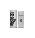 Frasco de perfume y caja de empaque de Carolina Herrera 212 VIP Men Eau de Toilette para hombre de 100 ml (3.4 fl oz) sobre fondo blanco. A la izquierda, una caja rectangular de color plateado metálico con tipografía en negrita de color negro que dice "212 VIP MEN ARE YOU ON THE LIST? NYC" y la firma "CAROLINA HERRERA NEW YORK" en la parte inferior. A la derecha, un frasco metálico de acabado plateado brillante con bordes redondeados, impreso verticalmente con "212 VIP MEN" en el centro.