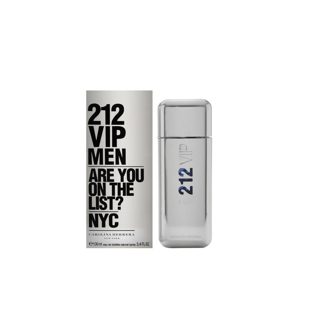 Frasco de perfume y caja de empaque de Carolina Herrera 212 VIP Men Eau de Toilette para hombre de 100 ml (3.4 fl oz) sobre fondo blanco. A la izquierda, una caja rectangular de color plateado metálico con tipografía en negrita de color negro que dice "212 VIP MEN ARE YOU ON THE LIST? NYC" y la firma "CAROLINA HERRERA NEW YORK" en la parte inferior. A la derecha, un frasco metálico de acabado plateado brillante con bordes redondeados, impreso verticalmente con "212 VIP MEN" en el centro.