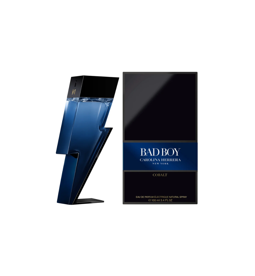 Frasco de perfume y caja de empaque de Carolina Herrera Bad Boy Cobalt Eau de Parfum Électrique de 100 ml (3.4 fl oz) sobre fondo blanco. A la izquierda, un frasco esculpido con forma de rayo vertical en degradado azul cobalto a transparente, apoyado sobre una base angular negra. A la derecha, una caja rectangular negra con una franja horizontal azul en el centro que lleva impreso "BAD BOY CAROLINA HERRERA NEW YORK" y la palabra "COBALT" en letras doradas abajo.