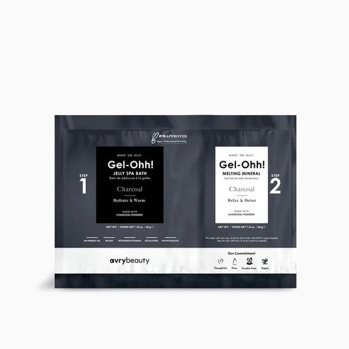 Empaque gris de producto de pedicura, olor Charcoal. Presenta dos sobres de baño jelly Gel-Ohh!: uno para el baño con textura de gelatina y otro para disolverla.
