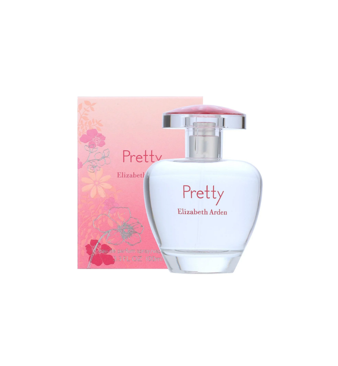 Frasco de perfume y caja de empaque de Elizabeth Arden Pretty Eau de Parfum de 100 ml (3.3 fl oz) sobre fondo blanco. A la izquierda, una caja en degradado de tonos rosados decorada con ilustraciones florales en color rosa y detalles plateados, que incluye el nombre "Pretty Elizabeth Arden". A la derecha, un frasco redondeado de vidrio transparente con líquido claro, el nombre "Pretty Elizabeth Arden" impreso en color rosa en el centro, y un tapón transparente con un toque rosado en la parte superior.