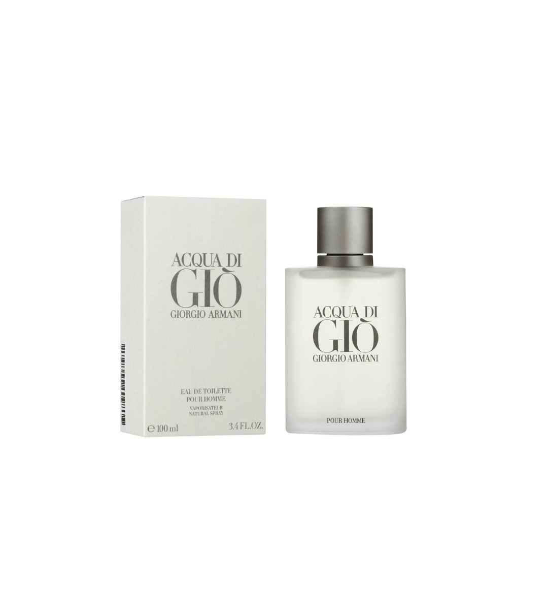 Frasco de perfume y caja de empaque de Giorgio Armani Acqua Di Giò Eau de Toilette Pour Homme de 100 ml (3.4 fl oz) sobre fondo blanco. A la izquierda, una caja rectangular de color blanco mate o marfil claro con texto gris que indica "ACQUA DI GIÒ GIORGIO ARMANI" y "EAU DE TOILETTE POUR HOMME". A la derecha, un frasco de vidrio esmerilado translúcido con el nombre "ACQUA DI GIÒ GIORGIO ARMANI POUR HOMME" impreso en el frente, rematado con un tapón cilíndrico de tono gris metálico.