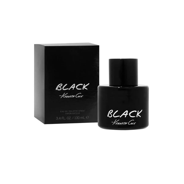 Botella de perfume cilíndrica de vidrio negro opaco "Black - Kenneth Cole" de 100 ml con tapón negro a juego y tipografía estilo manuscrito en blanco, junto a su caja negra mate minimalista con el mismo diseño de letras.   