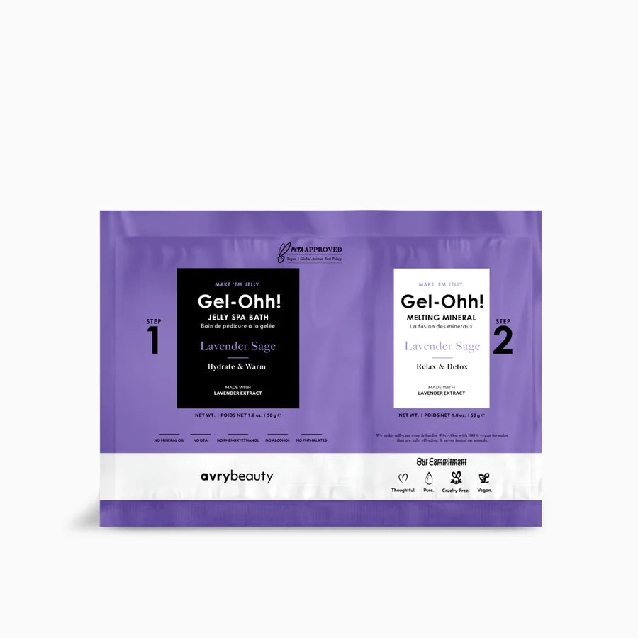 Empaque violeta de producto de pedicura, olor Lavender Sage. Presenta dos sobres de baño jelly Gel-Ohh!: uno para el baño con textura de gelatina y otro para disolverla.