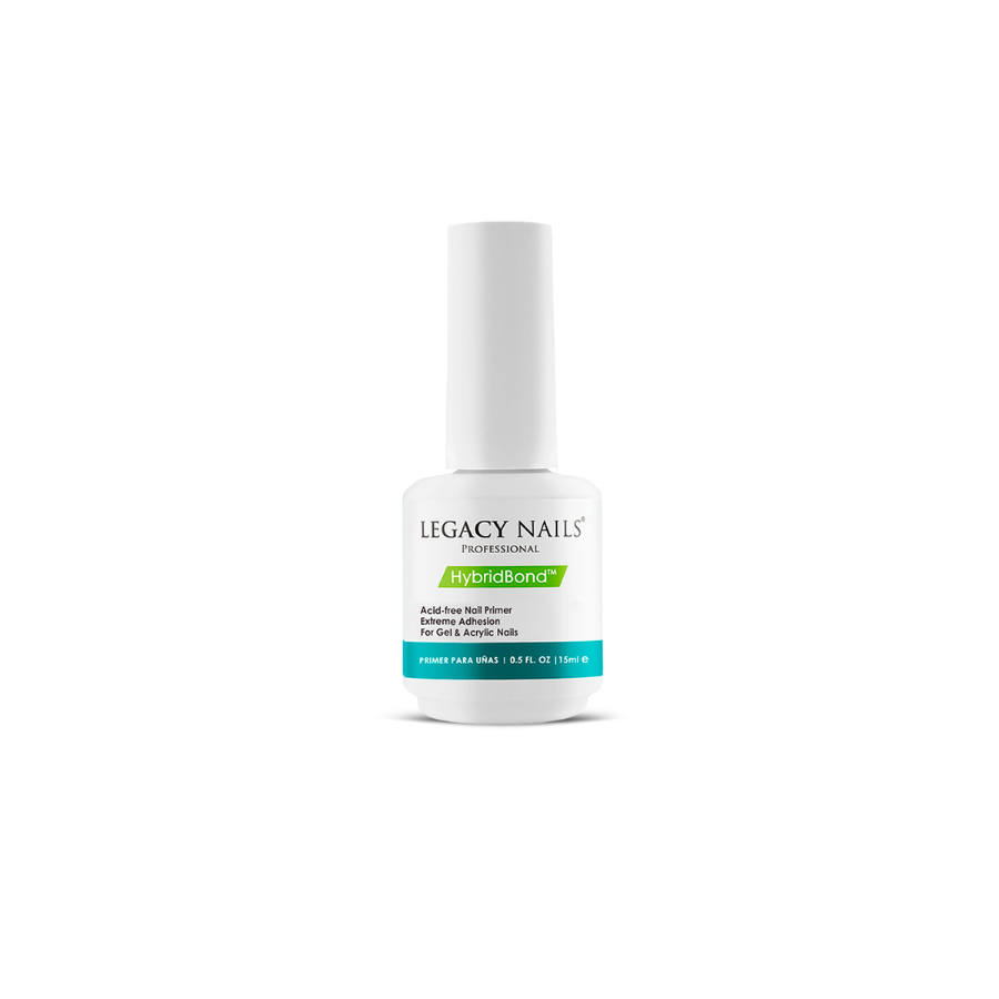 Frasco blaco con tapa blanca, tiene una etiqueta verde que dice "HybridBond" y una banda turquesa al pie del frasco. Sobre un fondo blanco.
