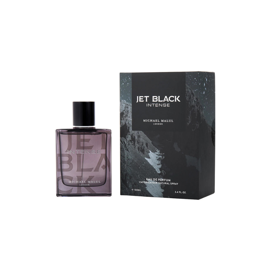 Botella negra de Jet Black Intense Eau de Parfum de Michael Malul con una tapa negra , junto a su caja oscura a juego, que transmite una sensación elegante, moderna y lujosa.