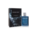 Botella azul del perfume Ocean Noir de Michael Malul junto a su caja negra a juego, decorada con un diseño de olas del océano, sobre un fondo blanco que transmite una sensación de lujo elegante y sofisticado.