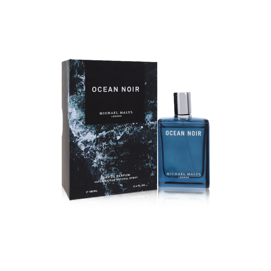 Botella azul del perfume Ocean Noir de Michael Malul junto a su caja negra a juego, decorada con un diseño de olas del océano, sobre un fondo blanco que transmite una sensación de lujo elegante y sofisticado.