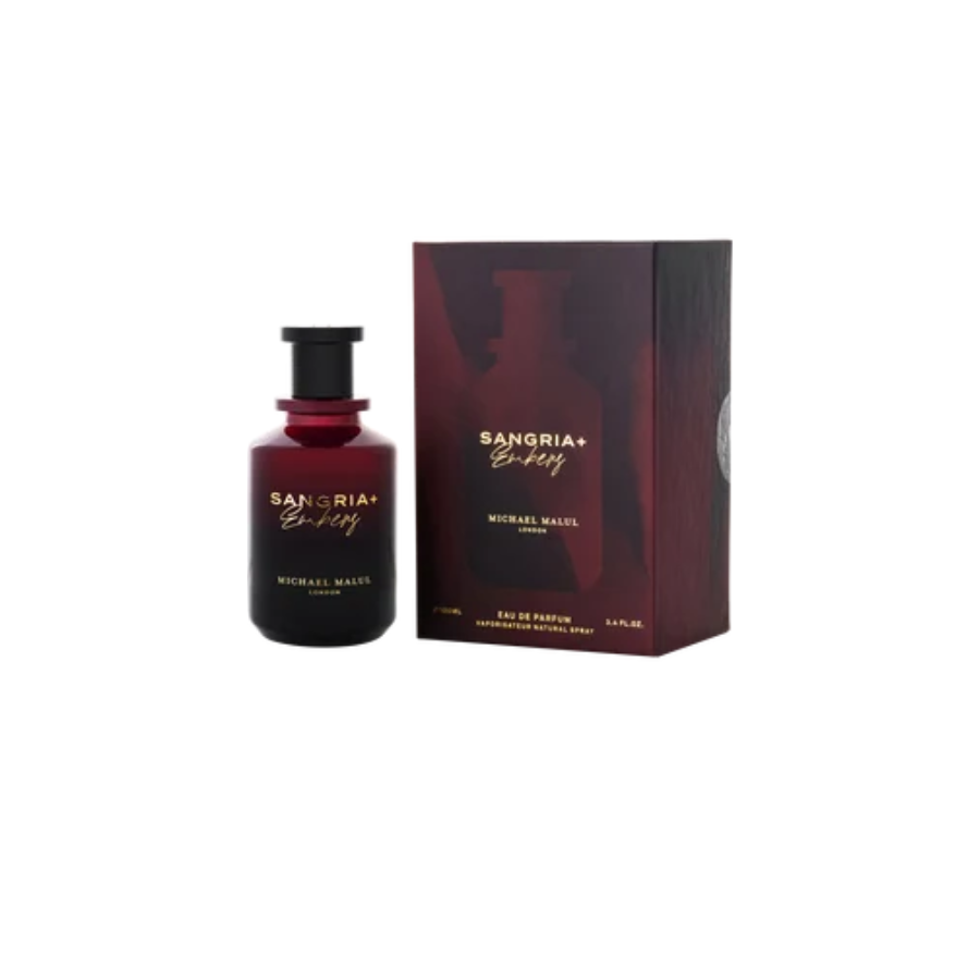 Botella de perfume Sangria en tonos negro y burdeos junto a su caja a juego en color rojo oscuro, sobre un fondo blanco. Las elegantes letras doradas aportan un toque de lujo y sofisticación a la presentación del producto.