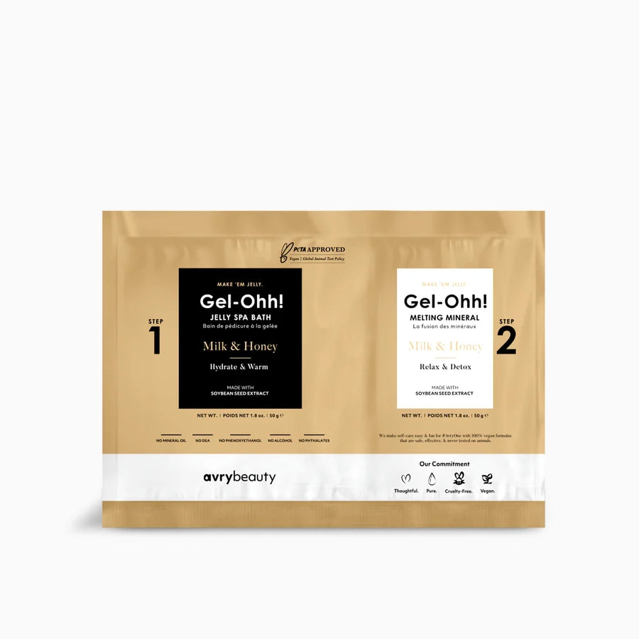 Empaque crema de producto de pedicura, olor Milk & Honey. Presenta dos sobres de baño jelly Gel-Ohh!: uno para el baño con textura de gelatina y otro para disolverla.