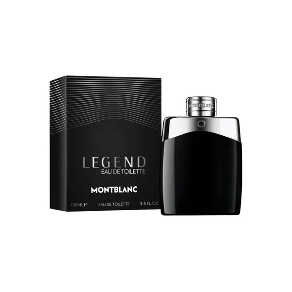 Botella de perfume "Legend" de Montblanc de 100 ml con cuerpo de vidrio negro denso y parte superior curvada en metal plateado cromado con el emblema de la estrella grabado, junto a su caja negra con líneas horizontales plateadas onduladas en la parte superior y tipografía en blanco.