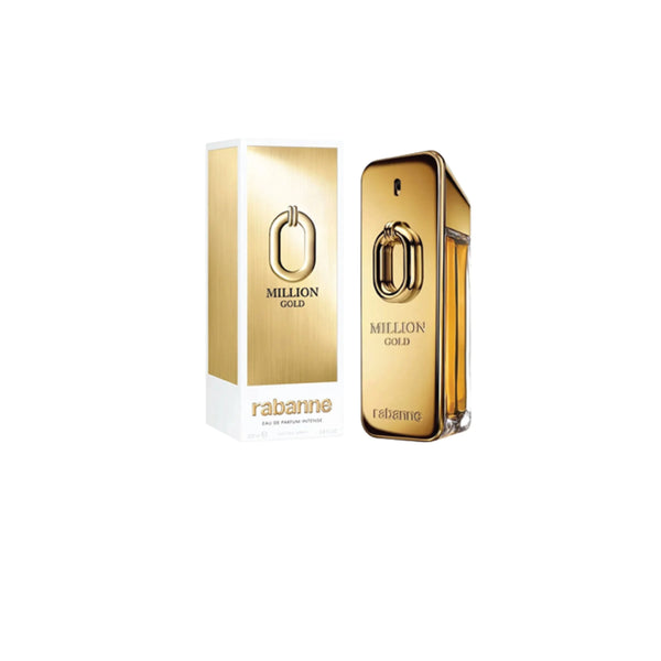 Botella de perfume metálica en forma de lingote de oro dorado "Million Gold" de Rabanne de 100 ml con el eslabón de la cadena icónica XL grabado al frente, junto a su caja blanca con un marco dorado brillante y el relieve de la cadena.