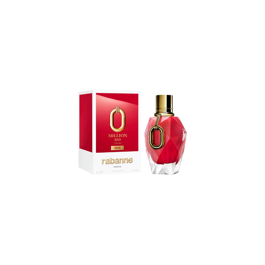 Frasco y caja del perfume Paco Rabanne Million Red for Her, con un diseño facetado en rojo rubí y detalles dorados; un packaging de fragancia elegante, audaz y de lujo.