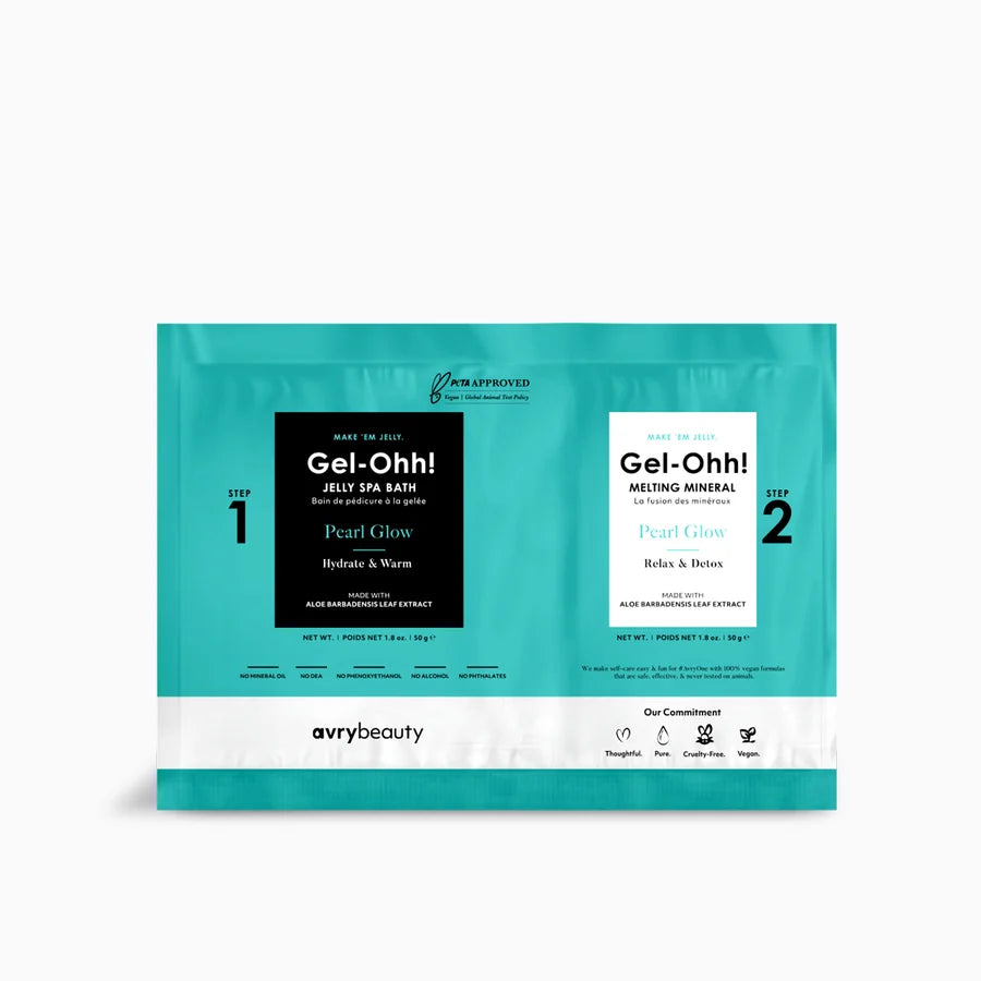 Empaque turquesa de producto de pedicura, olor Pearl Glow. Presenta dos sobres de baño jelly Gel-Ohh!: uno para el baño con textura de gelatina y otro para disolverla.