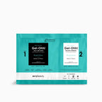 Empaque turquesa de producto de pedicura, olor Pearl Glow. Presenta dos sobres de baño jelly Gel-Ohh!: uno para el baño con textura de gelatina y otro para disolverla.