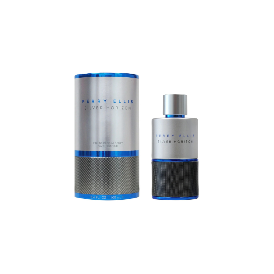 Frasco de la fragancia Perry Ellis Silver Horizon junto a su caja a juego, sobre un fondo blanco. Presenta detalles en plateado, azul y negro texturizado, con una presentación elegante, moderna y sofisticada.