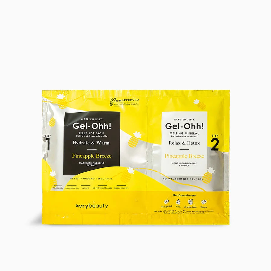 Empaque amarillo de producto de pedicura, olor Pineapple Breeze. Presenta dos sobres de baño jelly Gel-Ohh!: uno para el baño con textura de gelatina y otro para disolverla.