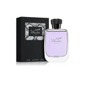 Botella de perfume de vidrio espeso transparente con forma rectangular de bordes redondeados "Hawas for Him" de Rasasi de 100 ml, que contiene un líquido de tono violeta/púrpura grisáceo y cuenta con un tapón metálico cromado rodeado por una serpiente en relieve, junto a su caja negra con una etiqueta central que presenta un patrón de piel de pitón en tonos grises y plateados.