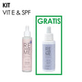 Un anuncio de un kit de cuidado de la piel muestra un sérum rosa RECHARGE ME Skin Defence junto a una botella lavanda de Vit-E marcada como ""GRATIS,"" sugiriendo un regalo de cortesía; con un tono limpio y clínico.