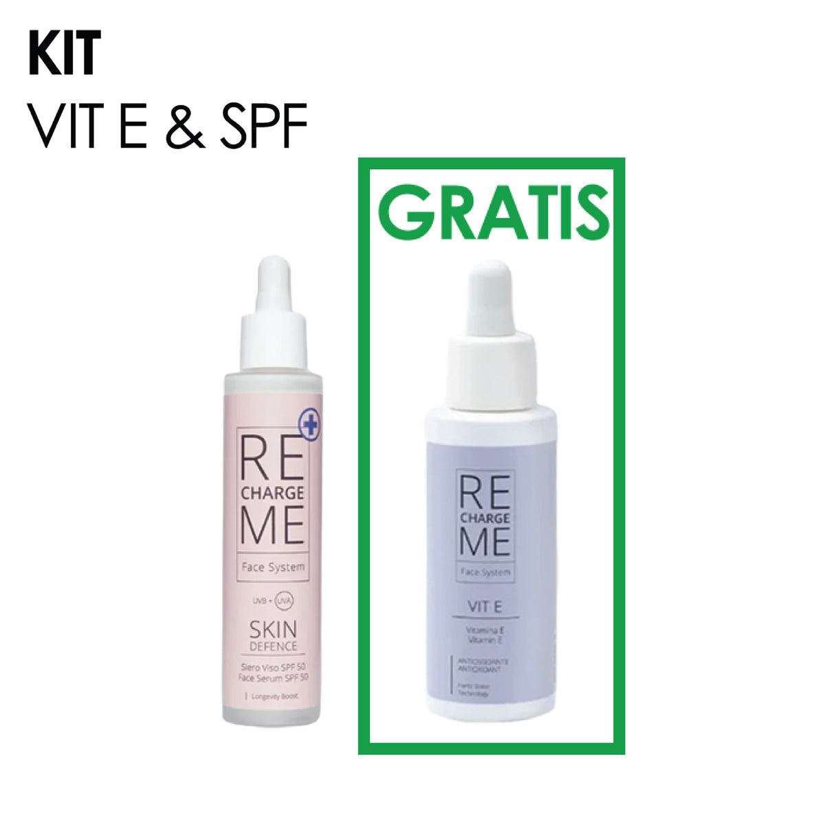 Un anuncio de un kit de cuidado de la piel muestra un sérum rosa RECHARGE ME Skin Defence junto a una botella lavanda de Vit-E marcada como ""GRATIS,"" sugiriendo un regalo de cortesía; con un tono limpio y clínico.