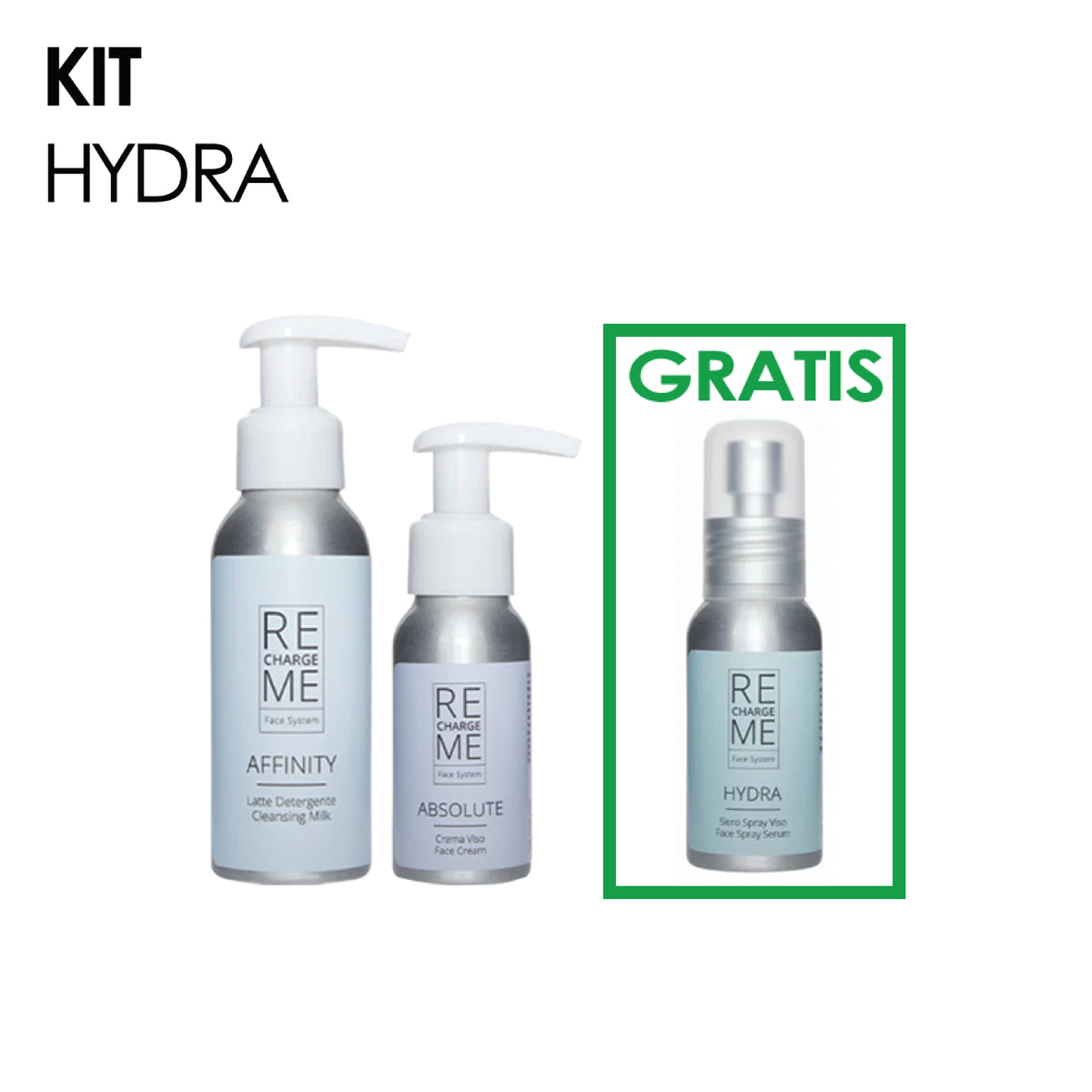 Un gráfico de productos en un fondo blanco para el kit RECHARGE ME Hydra, mostrando dos botellas con dosificador y una botella más pequeña de spray Hydra enmarcada en verde debajo de "GRATIS"; con un tono limpio y promocional.