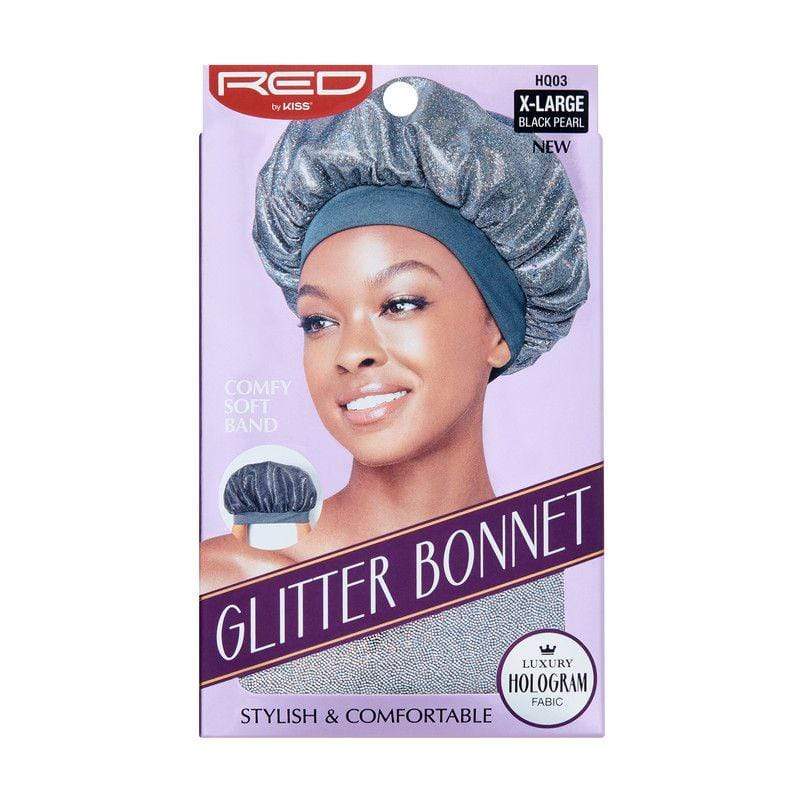 Empaque del gorro de purpurina de color negro con una modelo usándolo sobre un fondo blanco. Mostrado en su caja de empaque original color lavanda.