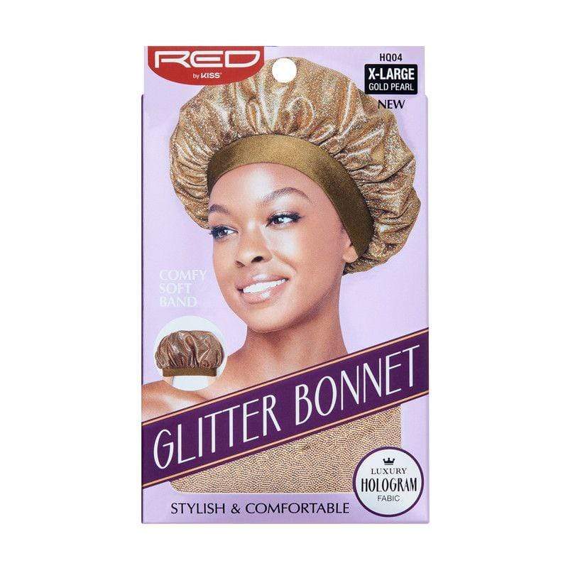 Empaque del gorro de purpurina de color oro con una modelo usándolo sobre un fondo blanco. Mostrado en su caja de empaque original color lavanda.