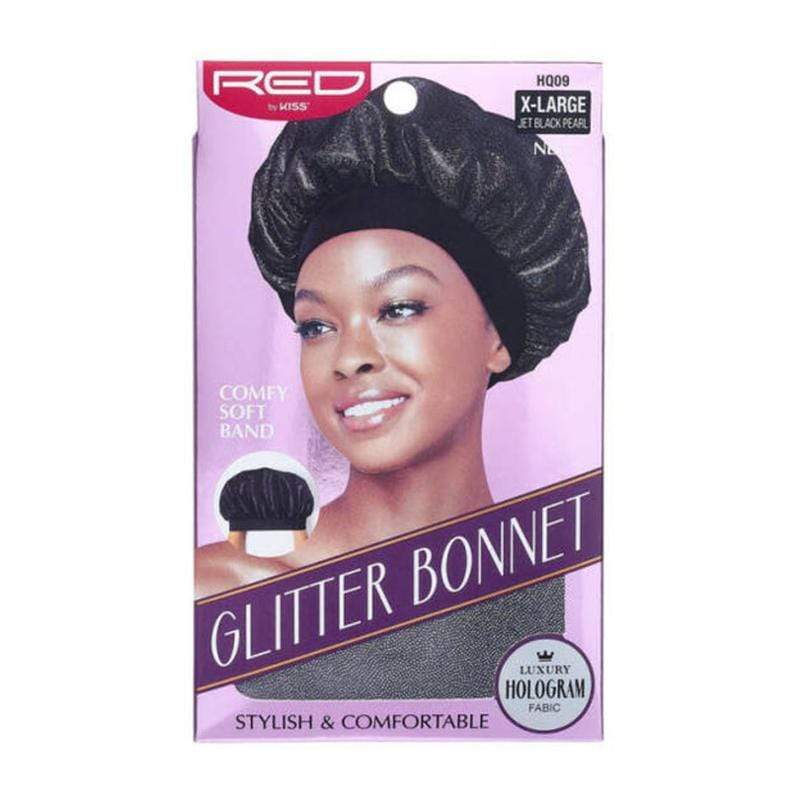 Empaque del gorro de purpurina de color negro azabache con una modelo usándolo sobre un fondo blanco. Mostrado en su caja de empaque original color lavanda.