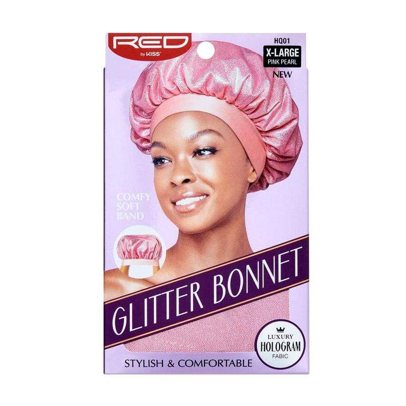 Empaque del gorro de purpurina de color rosa con una modelo usándolo sobre un fondo blanco. Mostrado en su caja de empaque original color lavanda.