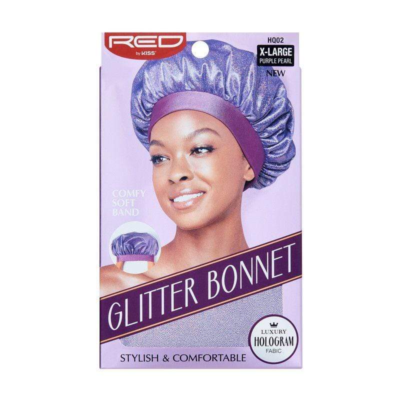 Empaque del gorro de purpurina de color violeta con una modelo usándolo sobre un fondo blanco. Mostrado en su caja de empaque original color lavanda.