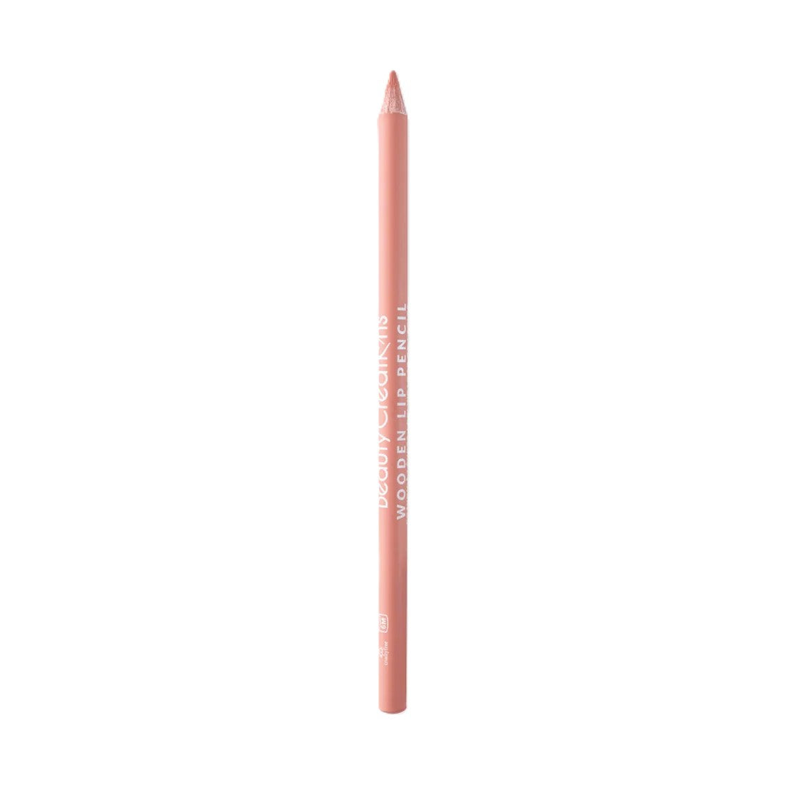 Lápiz de labios de madera de Beauty Creations en color durazno claro, con el nombre de la marca impreso en el cuerpo, mostrado verticalmente sobre un fondo blanco limpio.
