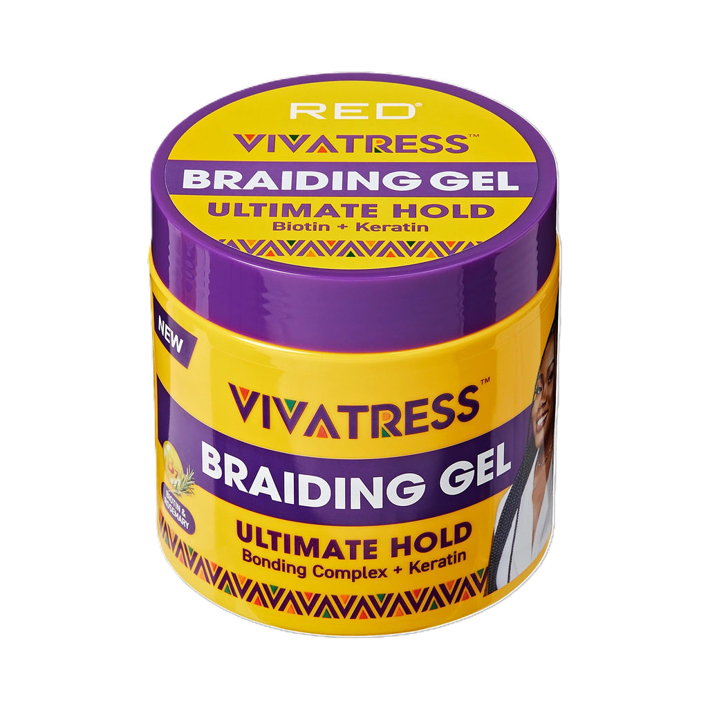 Un frasco amarillo y morado del Gel para Trenzas Ultimate Hold de RED by Vivatress, con keratina, sobre fondo blanco; el empaque llamativo sugiere un producto de peinado vibrante.