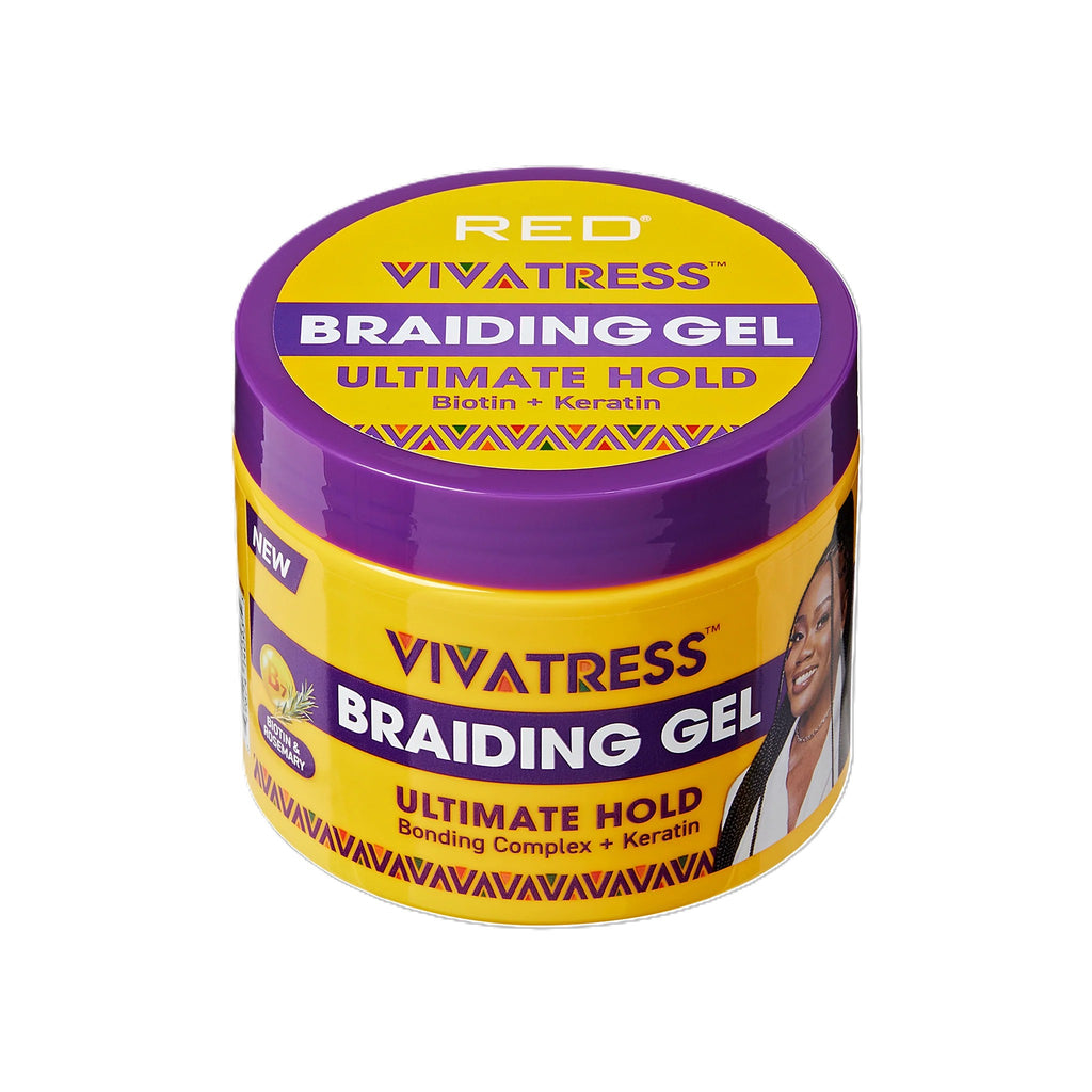 Un frasco amarillo y morado del Gel para Trenzas Ultimate Hold de RED by Vivatress, con keratina, sobre fondo blanco; el empaque llamativo sugiere un producto de peinado vibrante.