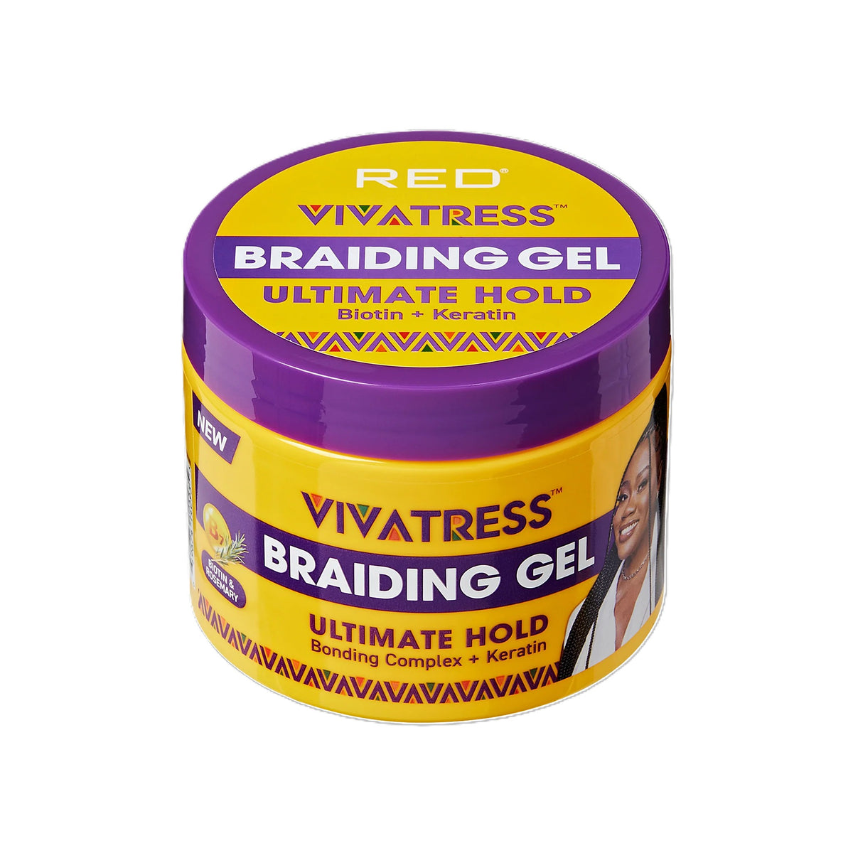 Un frasco amarillo y morado del Gel para Trenzas Ultimate Hold de RED by Vivatress, con keratina, sobre fondo blanco; el empaque llamativo sugiere un producto de peinado vibrante.