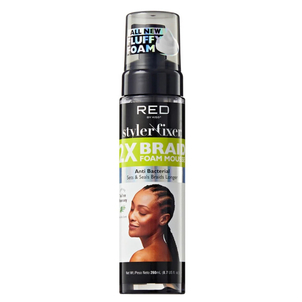 Un frasco negro de mousse para trenzas de RED by Kiss con tapa transparente, etiquetado como "All New Fluff Foam" y "Anti Bacterial", sobre fondo blanco.