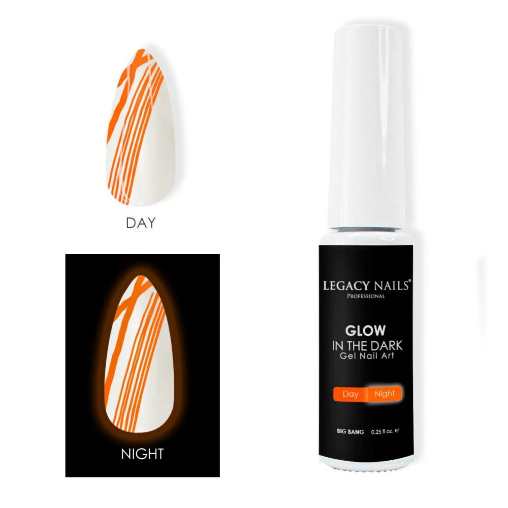 Un frasco de gel para uñas que brilla en la oscuridad de Legacy Nails junto a un tip de uña que muestra rayas naranja de día y un brillo naranja intenso de noche.
