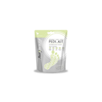 Una bolsa plateada y verde lima del kit desechable de pedicura de Avry Beauty, con un gráfico de huella punteada, sobre fondo blanco; empaque de cuidado estético limpio y clínico.