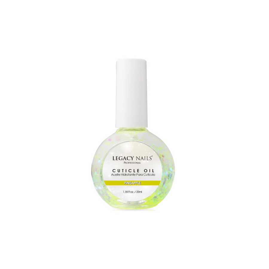 Un frasco del Aceite de Cutícula Profesional de Legacy Nails en aroma Piña, lleno de aceite verde pálido con destellos de color, sobre un fondo blanco limpio.