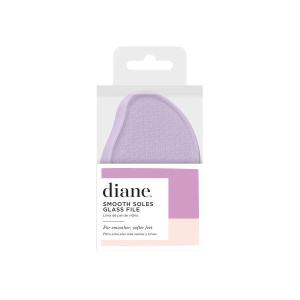 Lima de pies de vidrio Diane Smooth Soles en su empaque, con superficie de limado texturizada en lavanda y etiqueta rosa y blanca, presentada sobre un fondo blanco.