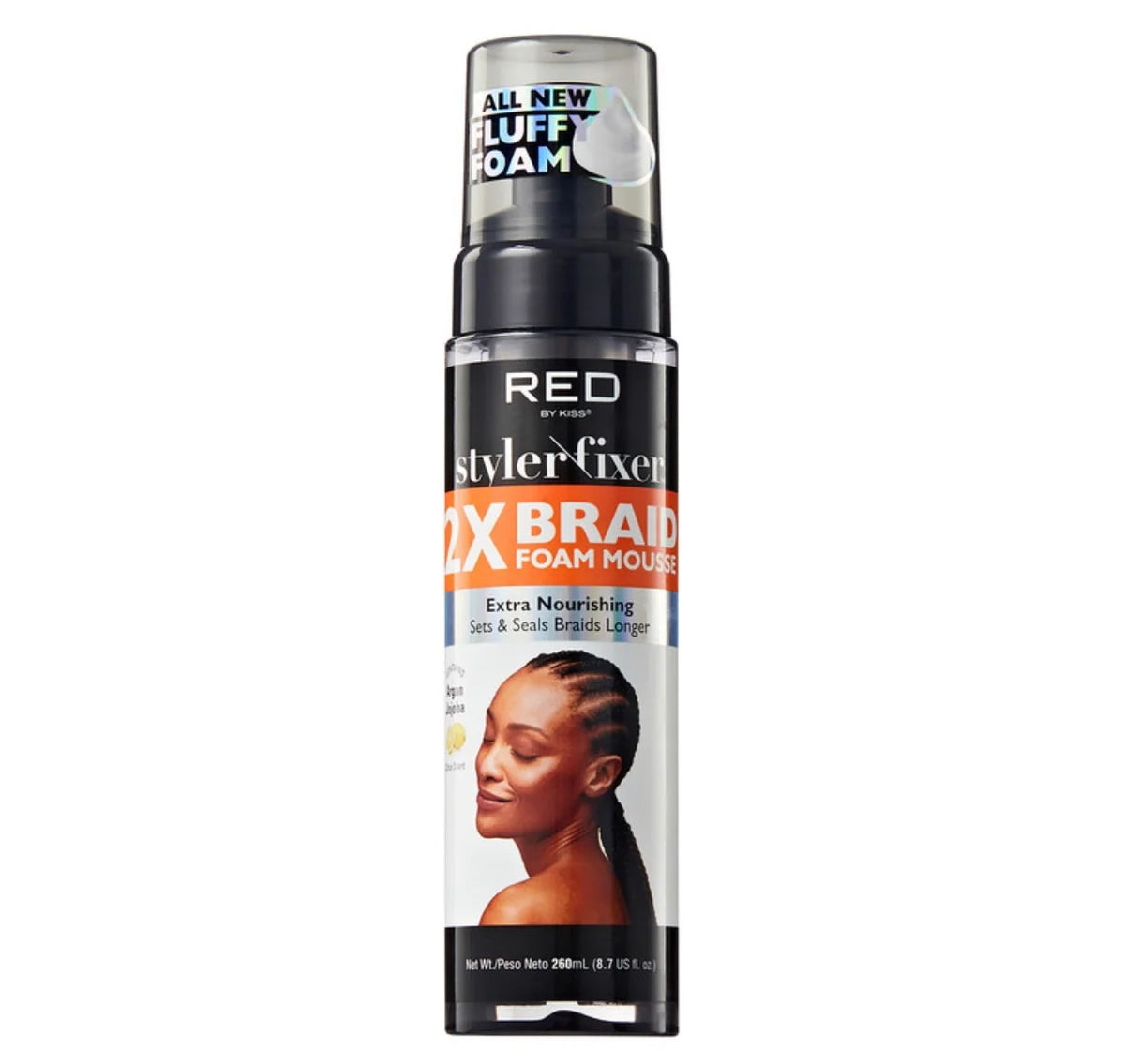 Un frasco negro de mousse para trenzas de RED by Kiss con tapa transparente, etiquetado como "All New Fluff Foam" y "Extra Nourishing", sobre fondo blanco.